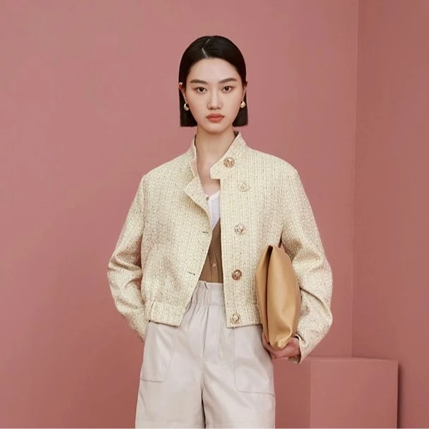 【诗语专属】米色短外套女春名媛复古粗花呢立领单排扣编织小香夹克