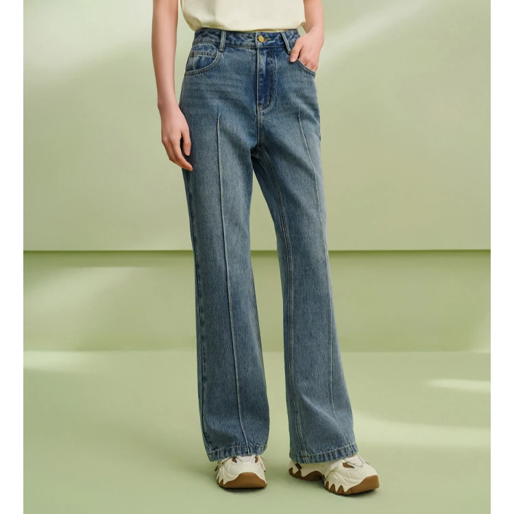 曼德诗春秋显瘦时尚高腰休闲复古微喇宽松牛仔裤:MC103310804