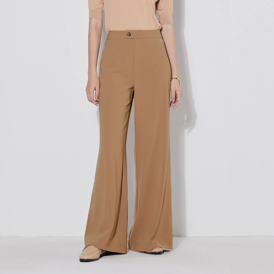 【曼德诗】纯色休闲裤女夏季腰部双扣设计优雅复古喇叭裤M130901