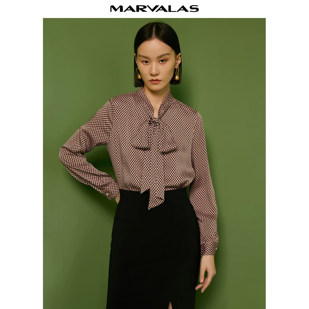 印花衬衫女气质长袖衬衣设计感优雅飘带小衫M331282