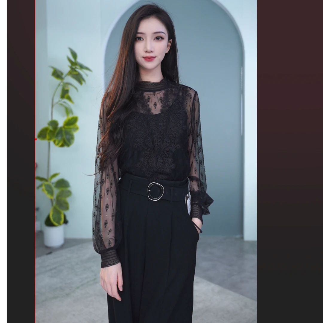 曼德诗女士休闲时尚黑色印花满印提花蕾丝衬衫M331163