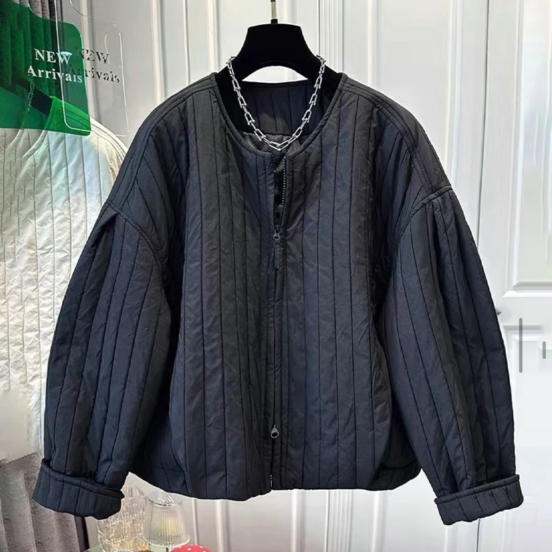 肌理感坑条圆领棉服女冬季小个子宽松显瘦遮肉百搭拉链夹棉短外套