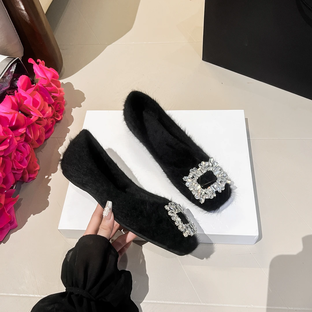 毛毛鞋2025新款方头软底软面亮扣闪闪高级轻奢款平底内增高