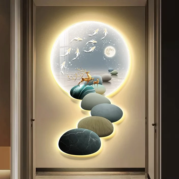 石来运转玄关带灯装饰画鹿鹿吉祥玄关过道竖版灯画入户玄关装饰画