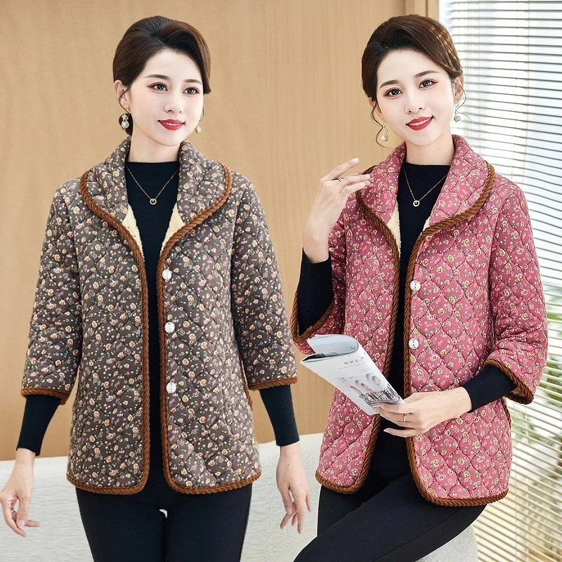 中老年妈妈装加绒秋冬棉袄洋气碎花保暖中袖碎花袄老年人上衣外套