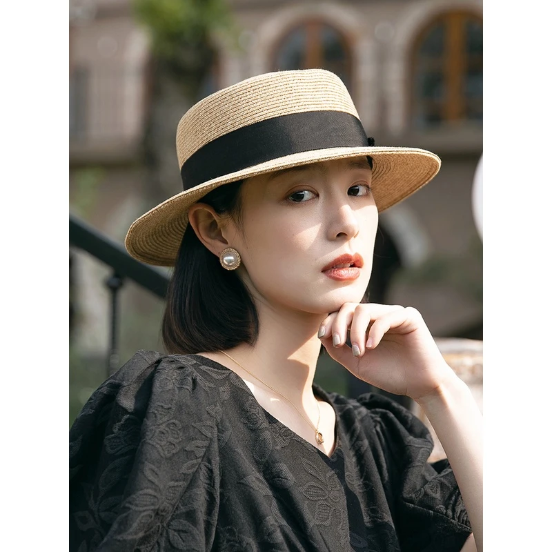 草帽女夏季平檐遮阳帽女款时尚防晒帽子女士草编平顶太阳帽可折叠