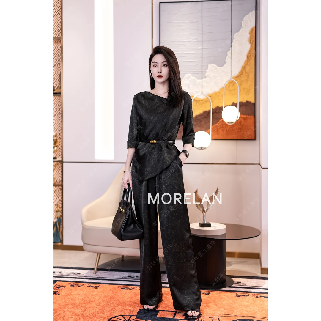 慕兰繁浮夏季新款原创华夫缎荡领不规则上衣+直筒裤套装ML-242915