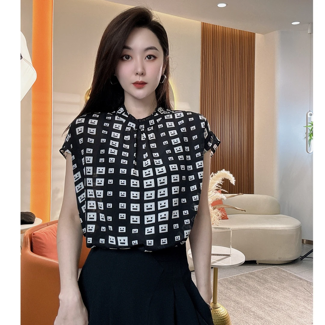 慕兰繁浮夏季新款轻奢时尚气质笑脸印花立领柔雾纱上衣XM-32504