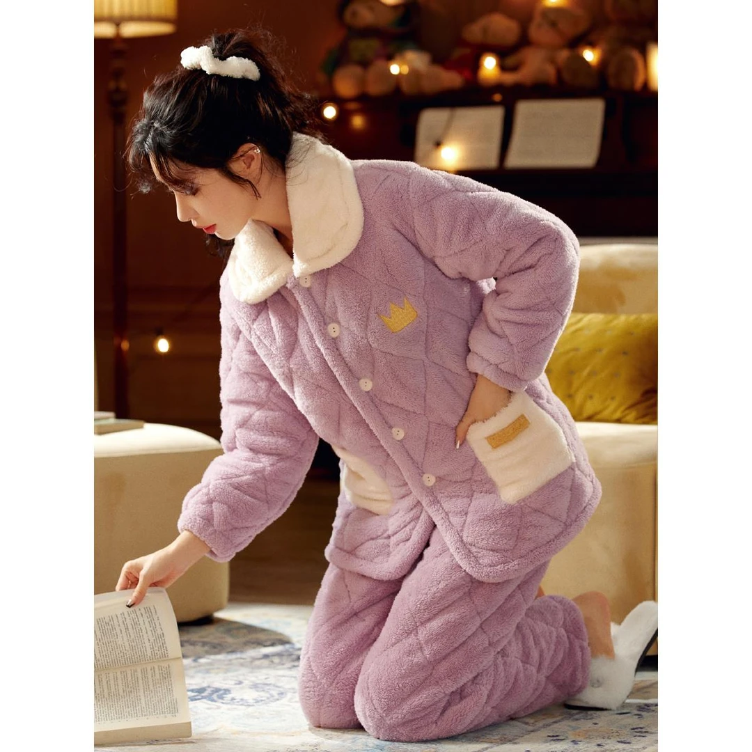 珊瑚绒冬季睡衣女士保暖加厚加绒三层夹棉袄冬款套装法兰绒家居服