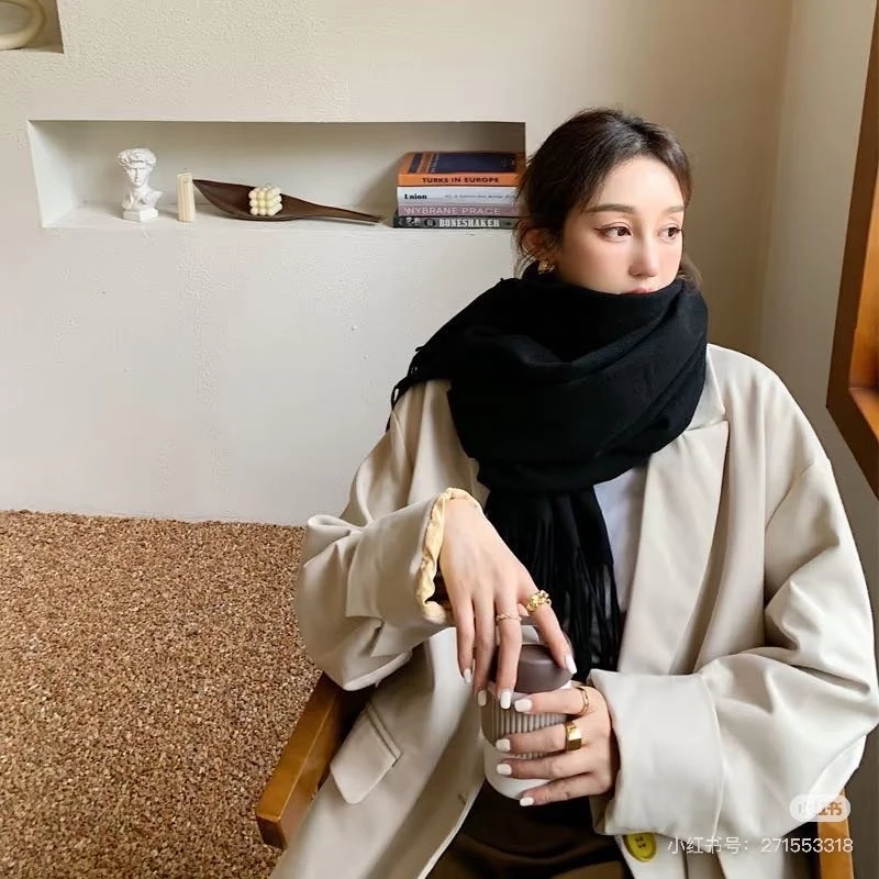 秋冬韩版保暖围巾男女百搭纯色加厚长款披肩围脖