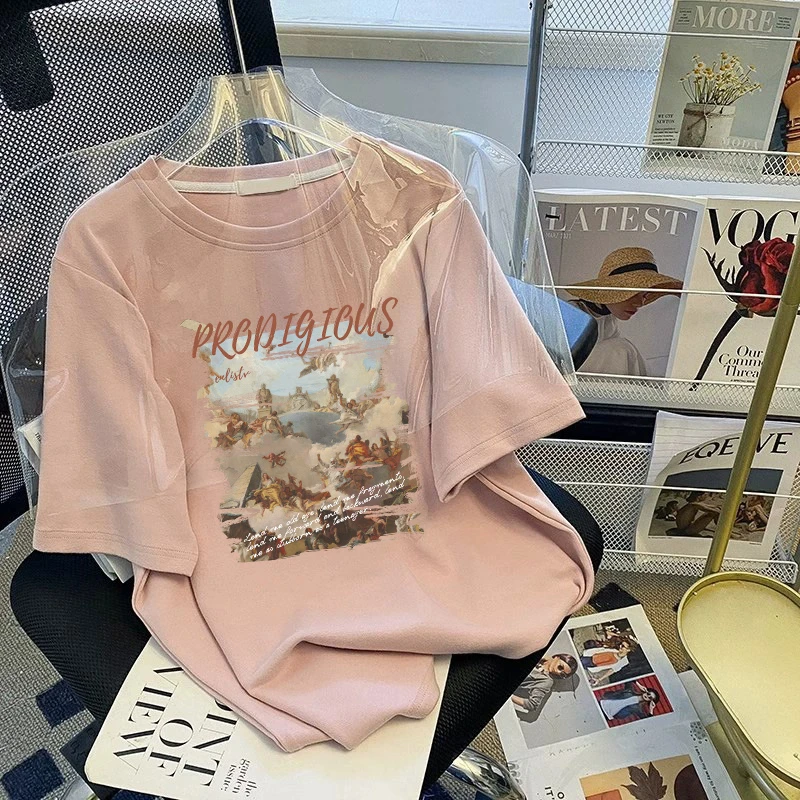 320克重磅美式复古文艺印花磨毛短袖t恤女百搭休闲宽松上衣情侣装