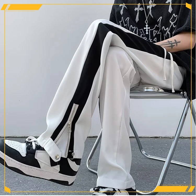 撞色拼接拉链休闲裤男美式裤子高街ins垂感高级感修身直筒裤百搭