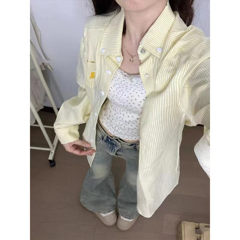 美式复古黄色条纹Polo领衬衫外套女春秋宽松休闲开衫慵懒chic上衣
