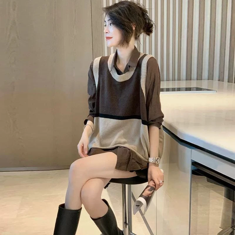 衬衫马甲两件套休闲宽松复古时髦洋气百搭减龄套装女春秋新款显瘦