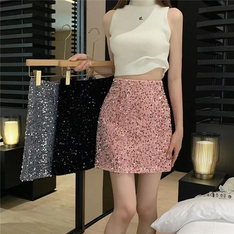 胖M时尚设计感亮片半身裙女2023春夏防走光高腰A字包臀裙显瘦短裙