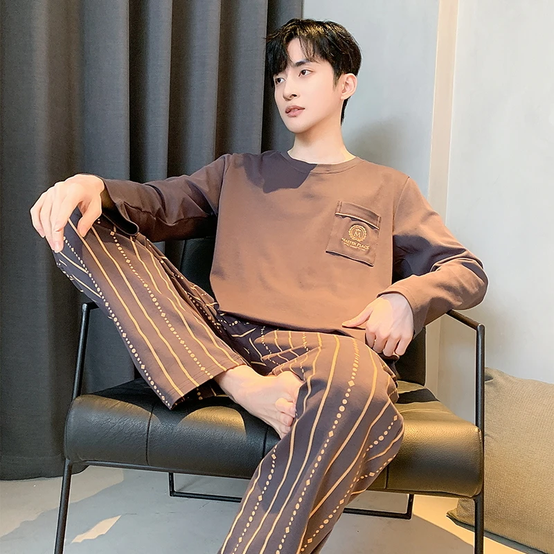 睡衣男士秋季长袖100%纯棉可外穿新款套头宽松春秋款家居服秋冬天