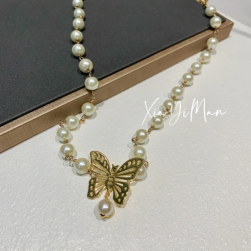 铜合金仿珍珠项链 【夏一曼】 镂空蝴蝶  珠珠项链