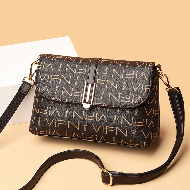 专柜正品软皮包包女休闲斜跨中年女士印花单肩包百搭妈妈包斜挎包