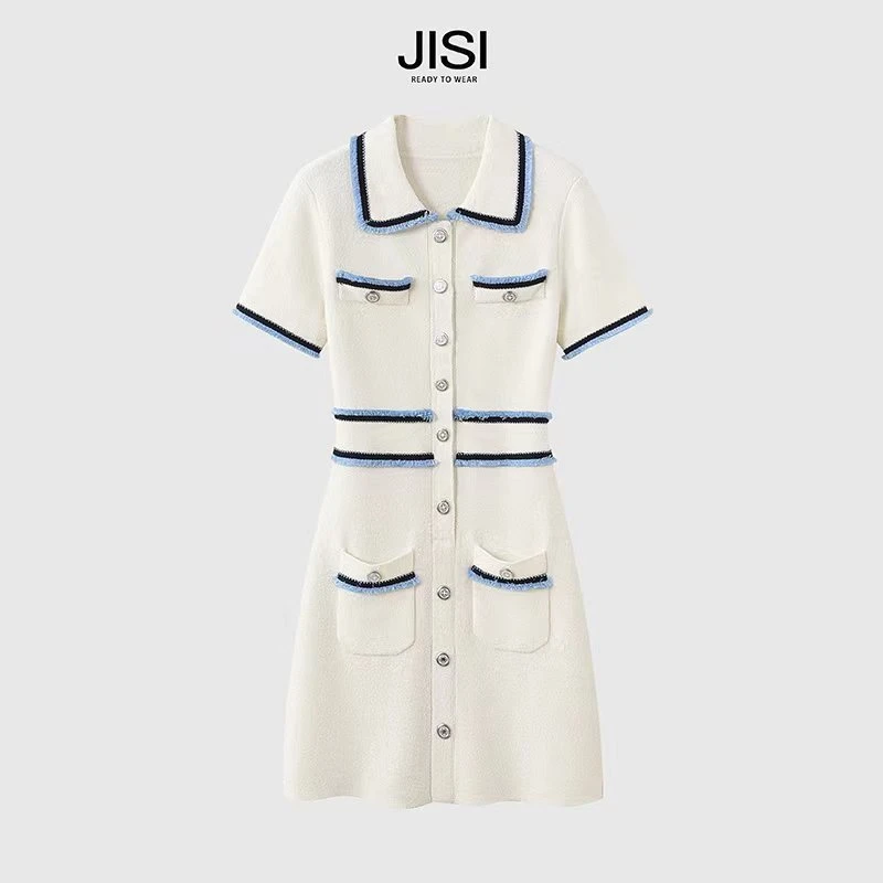 JISI 24春夏手工花边撞色翻领针织连衣裙