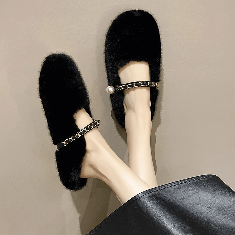 包头毛毛拖鞋女外穿珍珠百搭时尚毛绒毛毛鞋秋冬新款一脚蹬半拖鞋