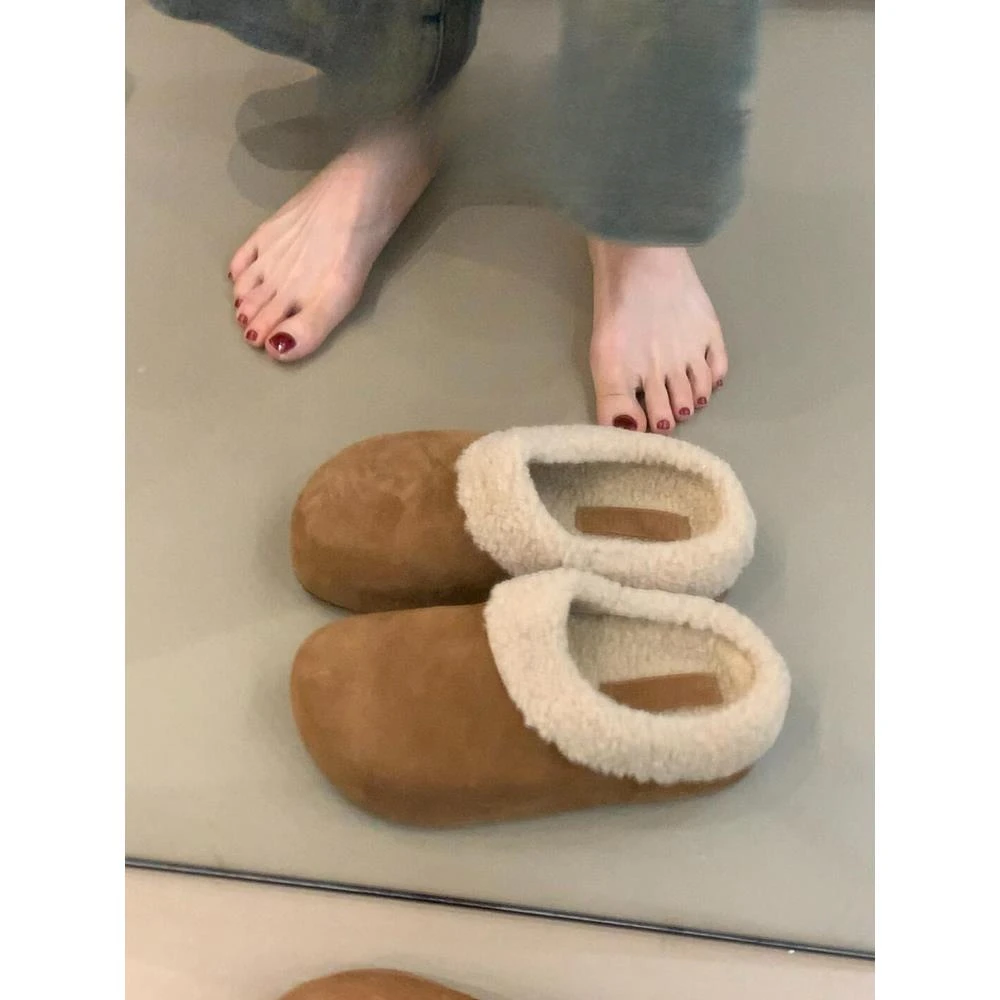 厚底内增高软皮森系勃肯鞋秋冬新款复古加绒保暖包头半拖鞋女外穿