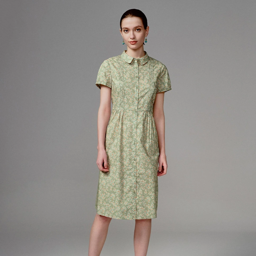 TANGY/天意夏季新品民族风印花捏褶收腰短袖翻领连衣裙W232850