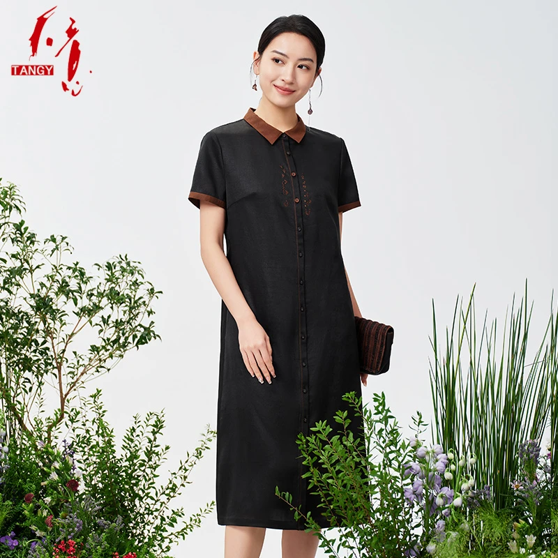 TANGY/天意2024夏季新品泡绉缎莨绸复古撞色宽松连衣裙女W242805