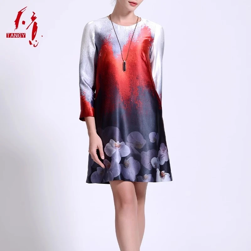 天意秋冬商场同款民族风真丝圆领印花连衣裙L161820