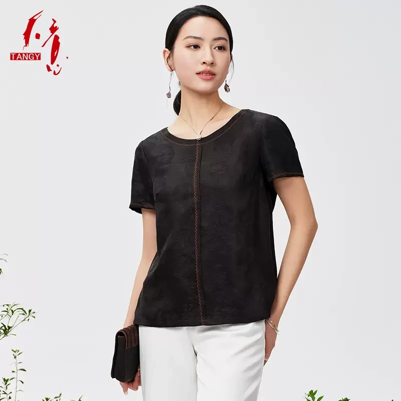 TANGY/天意2024春季新品简约百搭休闲花萝莨绸香云纱女T恤W241000