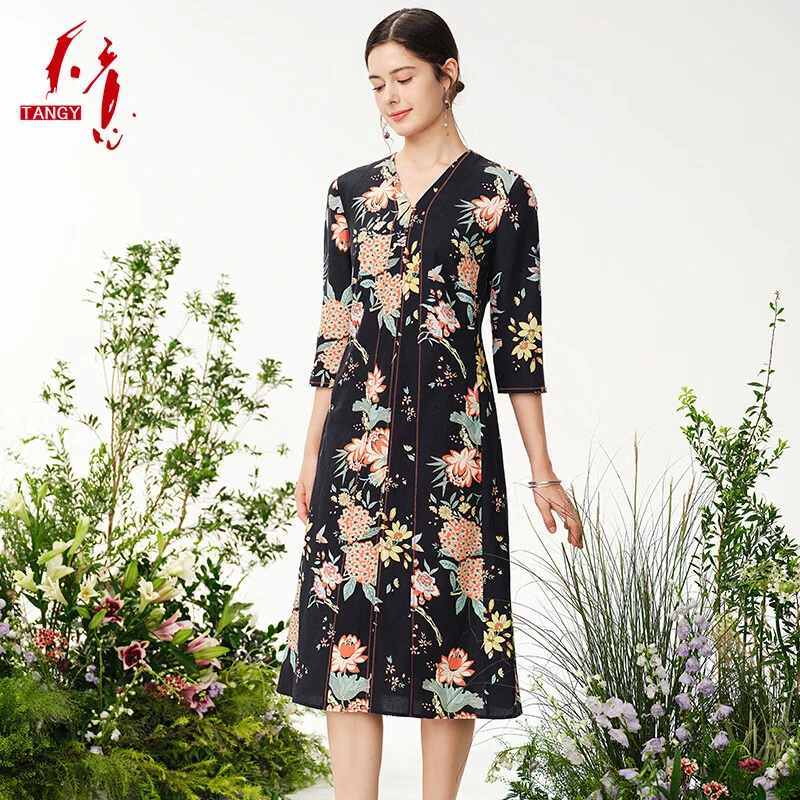 天意春夏新品商场同款民族风印花v领连衣裙2241828