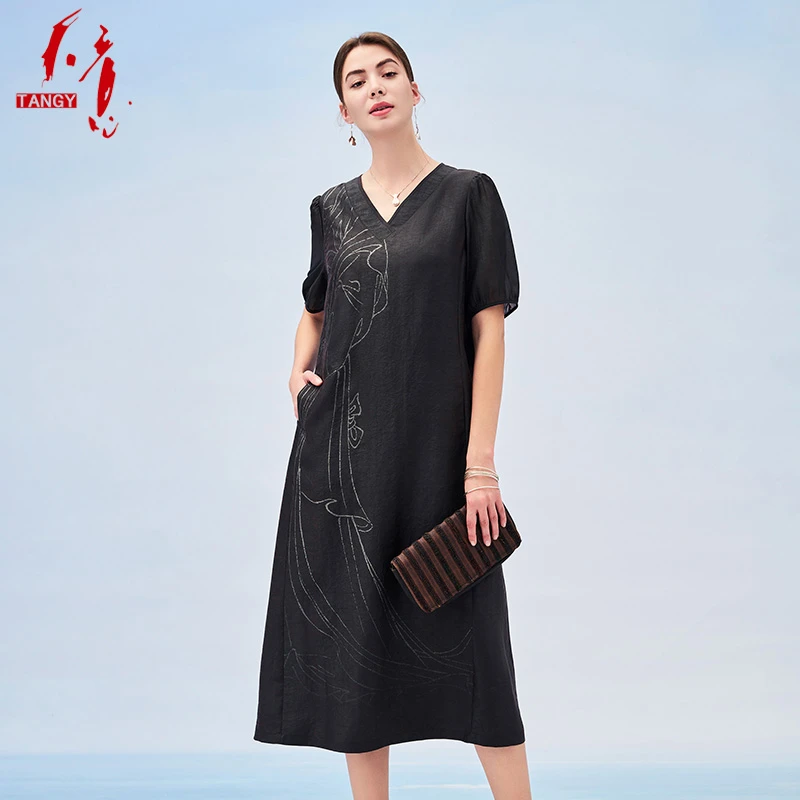 TANGY/天意2023夏季新商场款仕女图印花莨绸香云纱连衣裙2232842
