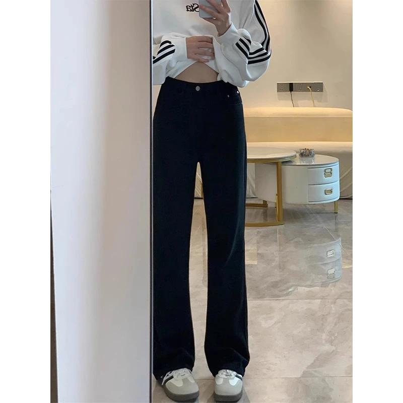 黑色高腰弹力牛仔裤女秋冬加绒大码胖mm修身显瘦梨形身材直筒裤子