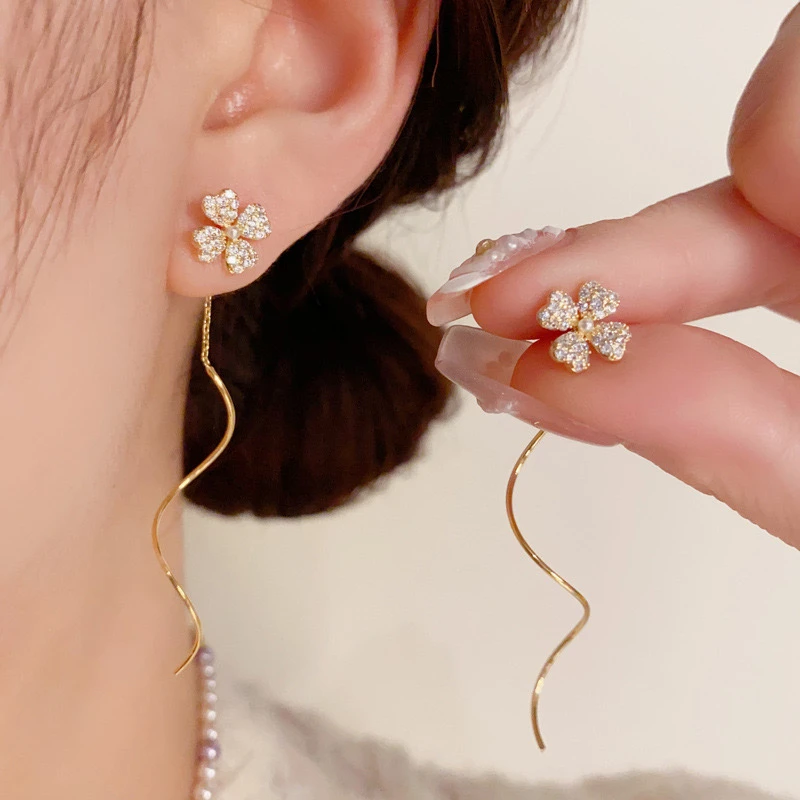 铜合金耳饰 气质花朵弯曲耳线小清新简约长款流苏耳环耳坠F1185