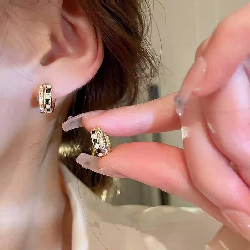 铜合金耳饰 棋盘格耳环女韩版时尚气质几何拼色耳扣耳饰潮F1437