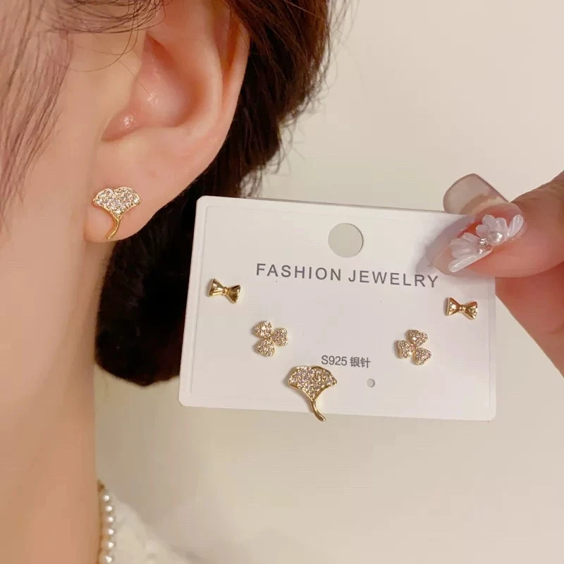 铜合金耳饰 气质时尚银杏叶三件套耳钉精致小巧百搭耳环F1036