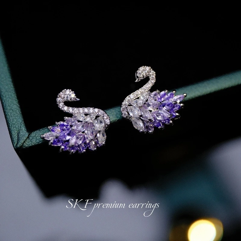 铜合金耳饰 超美显白气质渐变紫色天鹅精致耳钉经典耳饰F2477