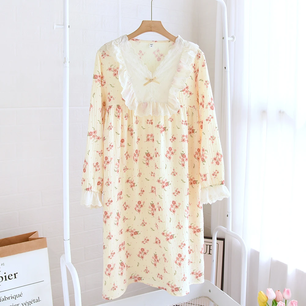 (新款睡裙)女纯棉纱布夏季长袖中长款韩版甜美睡衣家居连衣裙