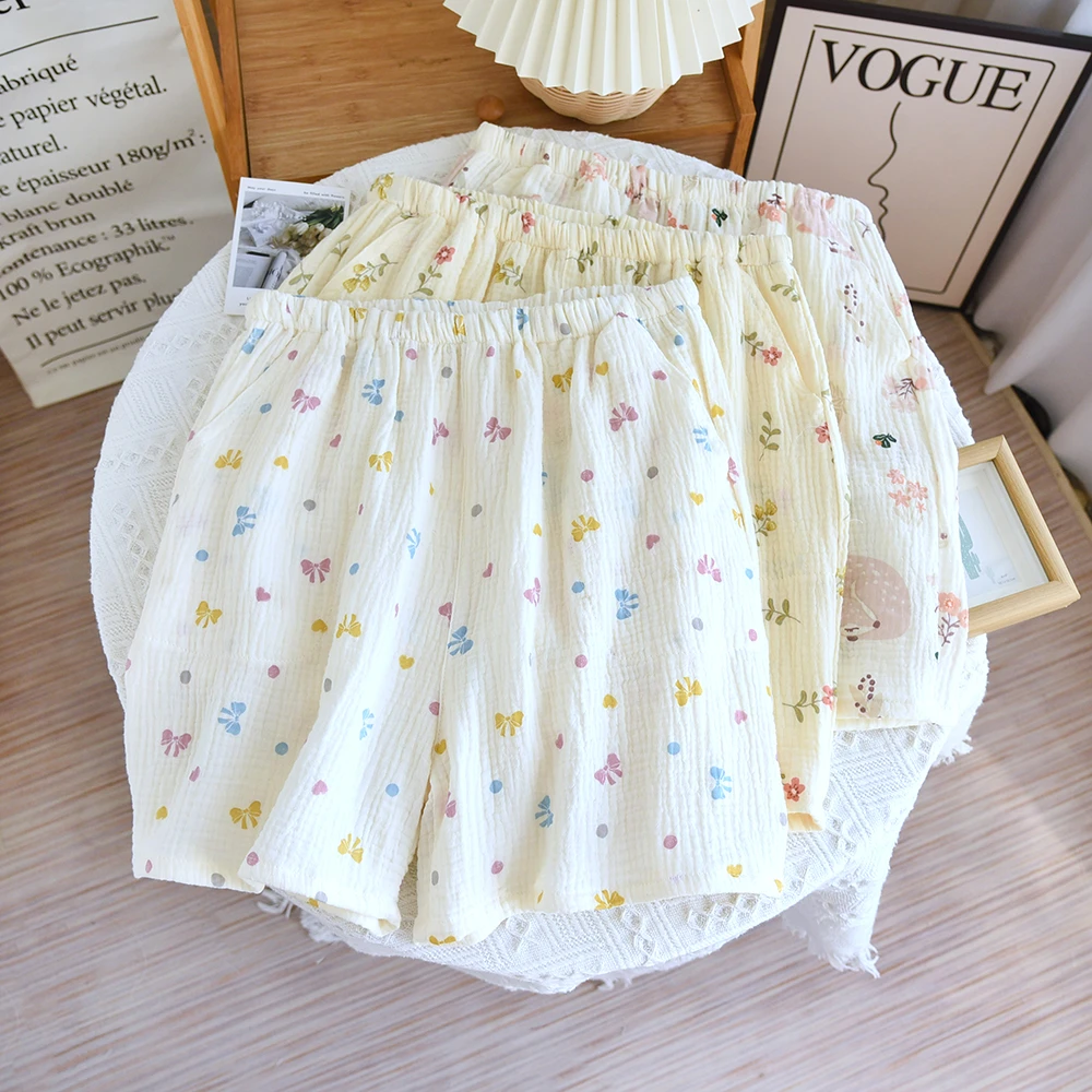 （家居短裤）纯棉睡裤女夏季短裤五分双层纱布薄款可外穿休闲家居裤