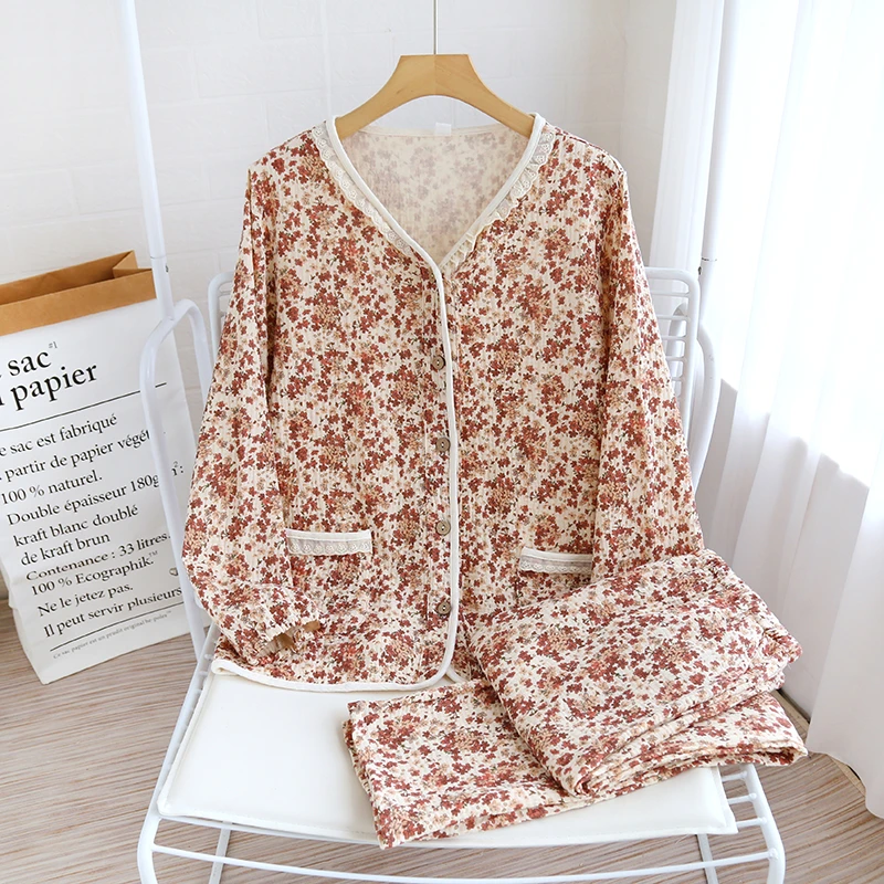 复古碎花A类纯棉睡衣女春秋长袖双层纱布花边V领高级感全棉家居服