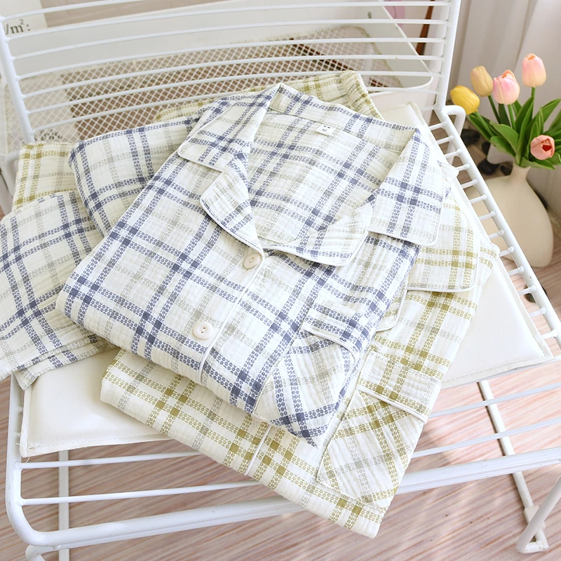 （男士格子）睡衣春秋季薄款A类纯棉纱布长袖长裤翻领宽松家居服