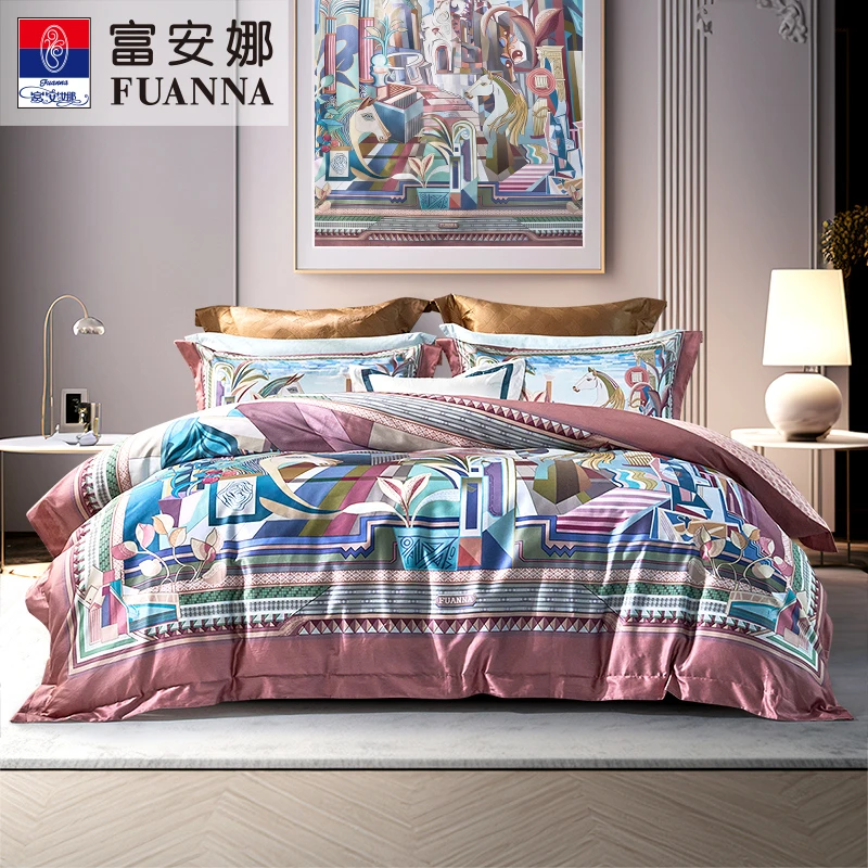 富安娜双股精梳140支匹马棉贡缎独幅平网印花被套套件新骏图