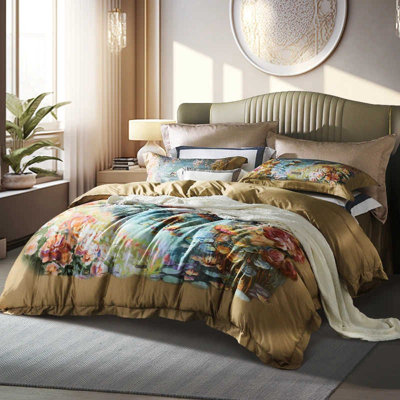 富安娜100支新疆长绒棉贡缎双面纯棉油画风印花套件吉维尼的月光