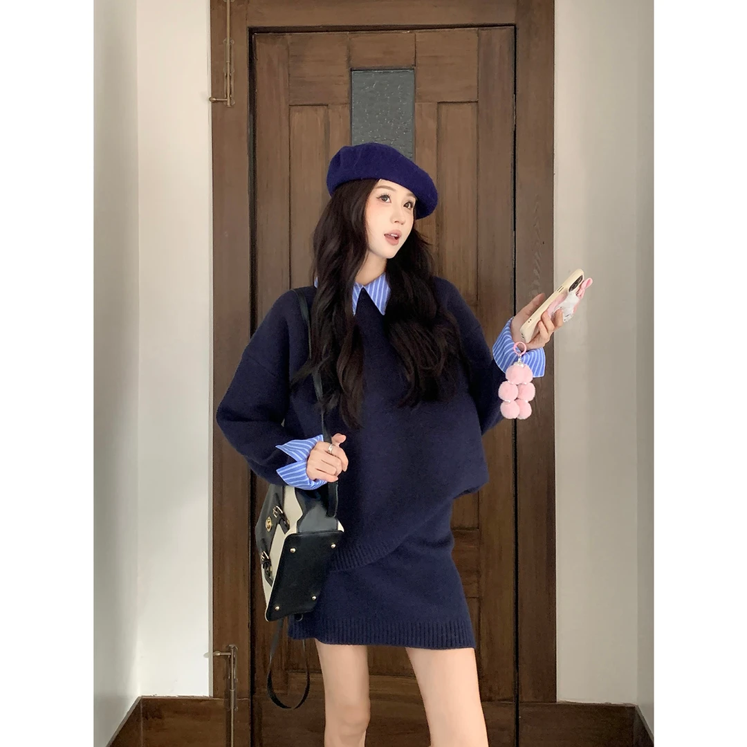冬季穿搭一整套裙女韩版时尚气质厚款翻领拼接毛衣半身短裙两件套