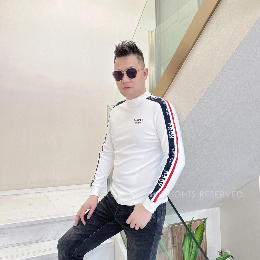 冬季款ZZD红蓝半截字母织带男士品质高端轻奢洋气加厚潮牌长袖t恤