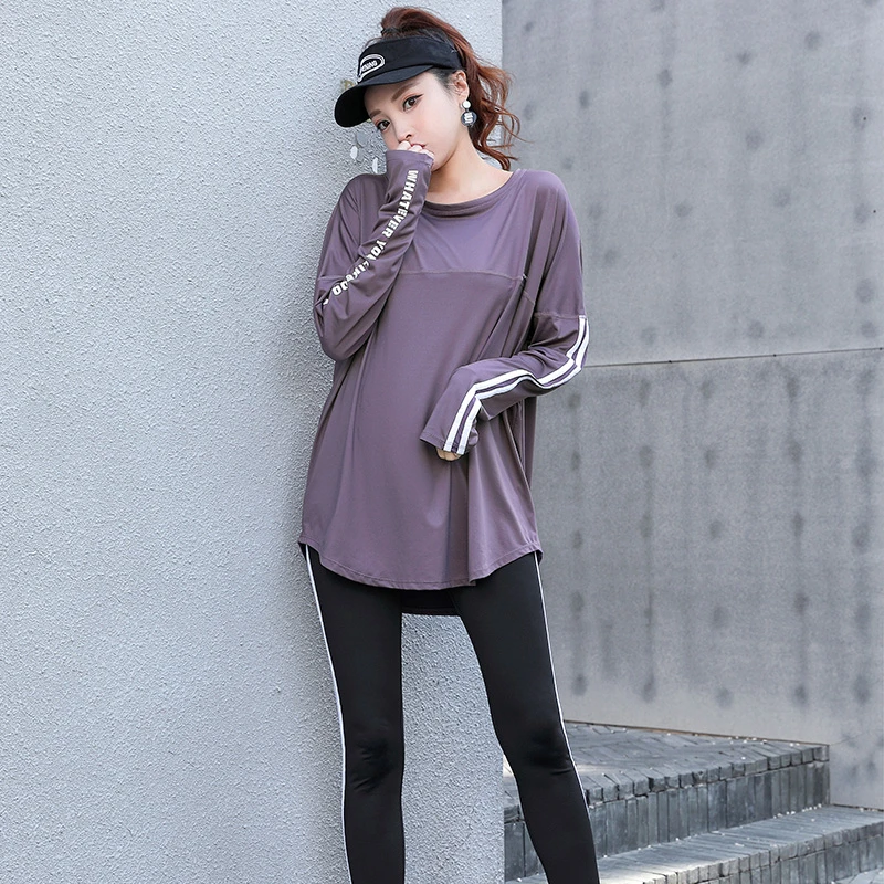 大码春秋长袖运动上衣女宽松显瘦休闲瑜伽服健身衣跑步锻炼晨跑