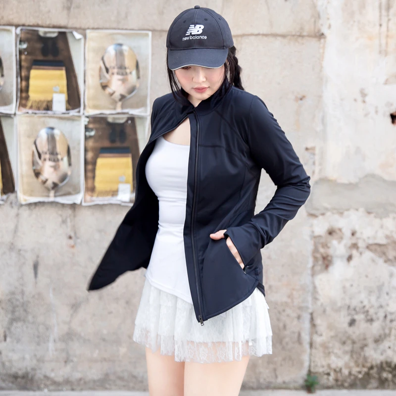 修身显瘦加长遮臀运动上衣女瑜伽服健身服跑步锻炼速干衣立领外套