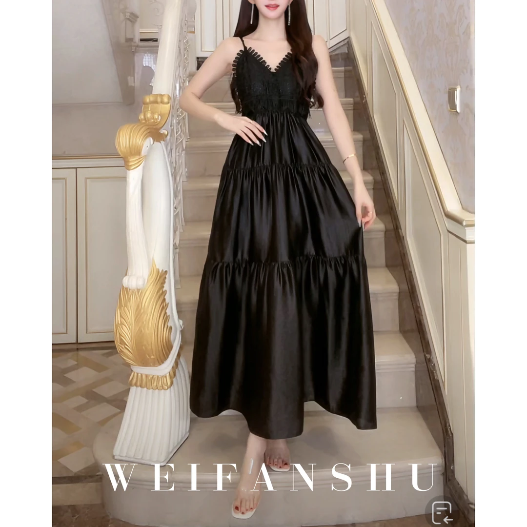 WEIFANSHU/魏凡舒【初恋序曲】吊带连衣裙夏季黑色气质收腰显瘦长裙