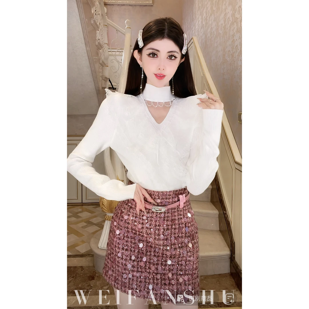 WEIFANSHU/魏凡舒【花织秋意】秋冬法式V领长袖针织上上衣红人上新