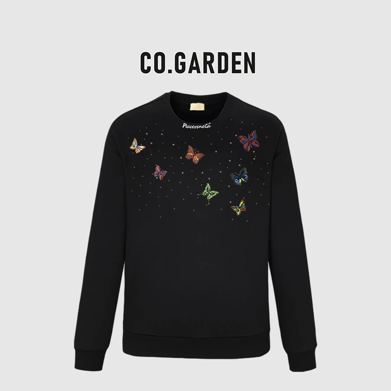 CO.林思梵【巴斯赛】蝴蝶刺绣烫钻工艺长袖圆领卫衣印花时尚上衣