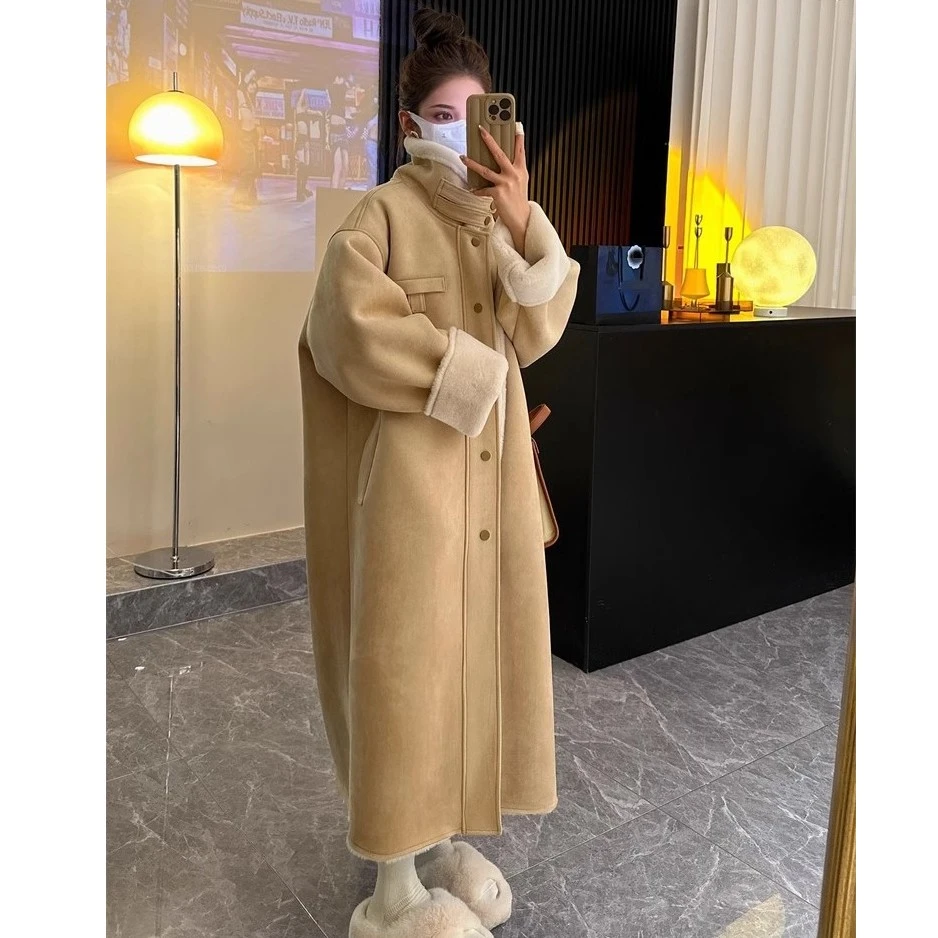 RUNPUJIN/润溥槿长款机车羊羔毛麂皮绒皮毛一体仿皮草环保外套女